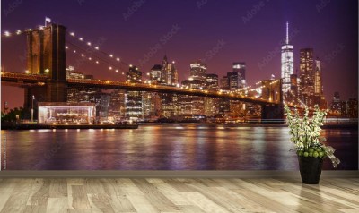 Fototapeta Most Brooklyński i Manhattan oświetlony przez nocne światła miasta Nowy Jork