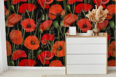 Fototapeta Seamless pattern of red poppies and meadow plants, illustration on dark background