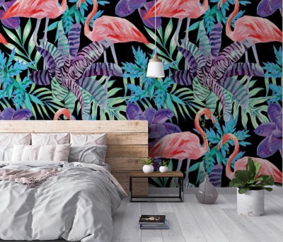 Tapeta we Flamingi i  wzór egzotycznych roślin w akwareli