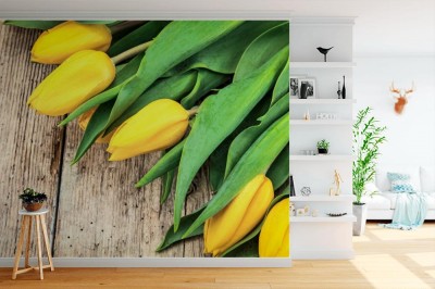 Fototapeta Bukiet tulipanów na drewnianym tle