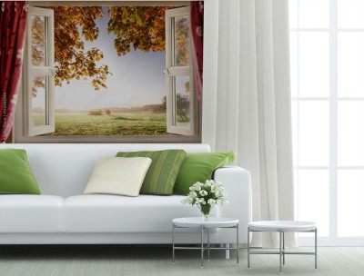 Fototapeta otwarte okno z widokiem na wiejski jesienny krajobraz