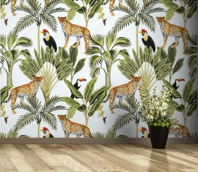 Tapeta Tropikalny modny wzór vintage z motywami zwierzęcymi i roślinnymi