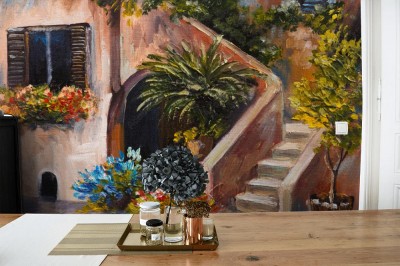 Fototapeta Letni taras, kolorowe kwiaty w ogrodzie, dom w Grecji