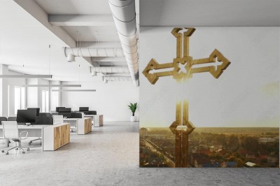 Fototapeta Złoty krzyż Prawosławnej cerkwi z brokatem na tle nieba