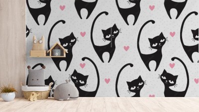 Tapeta dla dziewczynki w koty z różowym serduszkiem