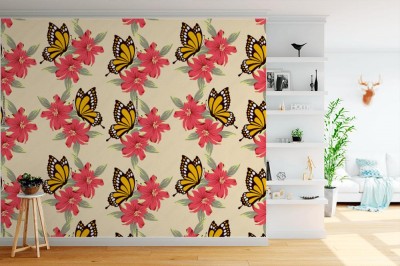 Fototapeta w kwiaty z żółtym motylem