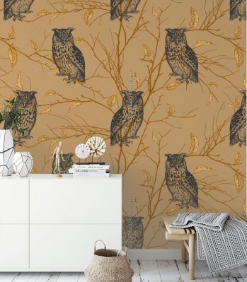 Tapeta Wzór z ptaków leśnych, sowy i gałęzi drzew