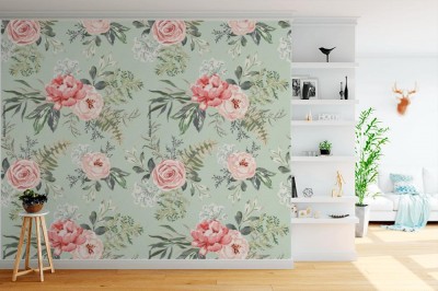 Tapeta vintage z malowanym akwarelą wzorem róży i piwonii