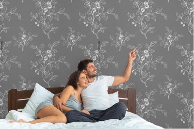 Tapeta w stylu minimalistycznym z konturem jarzębiny na ciemnym popielatym tle