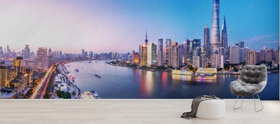 Fototapeta nowoczesne budynki w pobliżu wody o zmierzchu