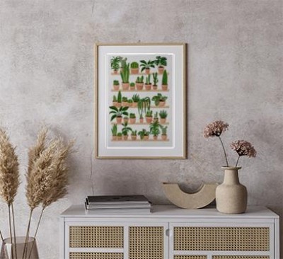 Plakat w stylu skandynawskim przedstawiający rośliny ogrodowe na półce