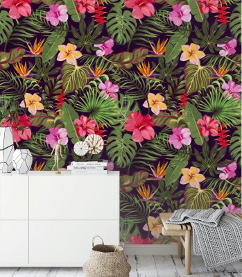 Tapeta z wzorem z tropikalnych liści i kwiatów