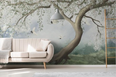 Fototapeta Drzewo we mgle z lecącym żurawiem