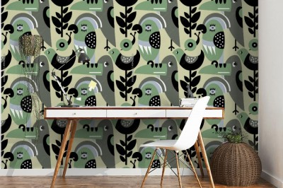 Tapeta Nowoczesny  wzór z ptaków i roślin