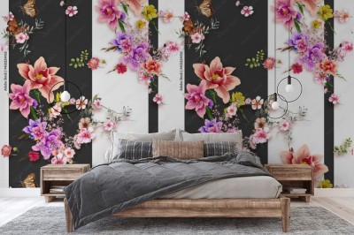 Tapeta w kwiaty na tle z czarno białych pasów
