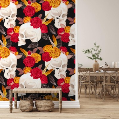 Tapeta z czaszką i kwitami róży na czarnym tle