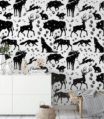 Tapeta  z dzikimi zwierzętami czarno-biała