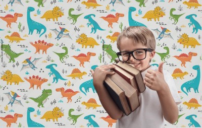 Fototapeta Dinozaury z kwiatowymi i geometrycznymi elementami