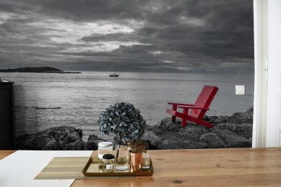Fototapeta Czerwone krzesło kontrastujące z czarno-białym tłem oceanu