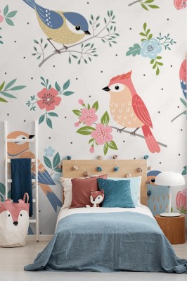 Tapeta dla dziewczynki w kolorowe ptaszki