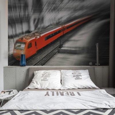 Fototapeta Czerwony pociąg na monochromatycznym zdjęciu