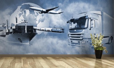 Fototapeta Transport ciężarówką, statkiem, samolotem i pociągiem