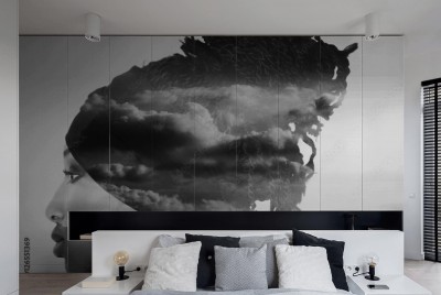 Naklejka na szafę Monochromatyczna podwójna ekspozycja portretu kobiety z profilu i chmury