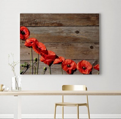 Obrazy do salonu Czerwone maki na tle z drewna