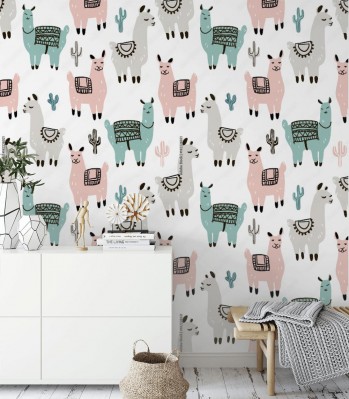 Fototapeta Modny wzór z alpagą - lama i kaktus