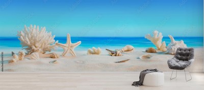 Fototapeta Krajobraz z muszelek na tropikalnej plaży - letnie wakacje