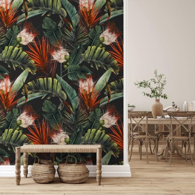 Tapeta Kwiatowy wzór z tropikalnych kwiatów i liści na ciemnym tle