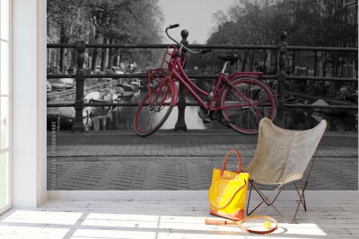 Fototapeta Czarno-biały widok Amsterdamu z czerwonym rowerem