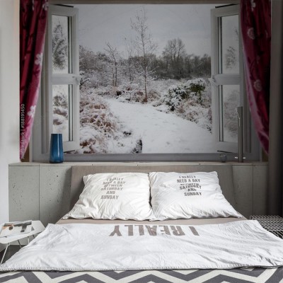 Fototapeta Widok przez okno na zaśnieżoną drogę