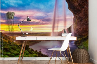 Fototapeta Wodospad Seljalandsfoss o zachodzie słońca, Islandia