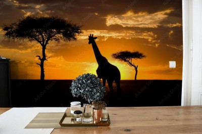 Fototapeta Żyrafa w sawannie na tle zachodzącego słońca