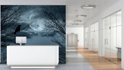 Fototapeta Halloweenowe tło ze strasznym lasem i księżycem w pełni