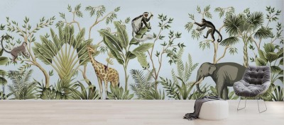 Fototapeta z Tropikalnym krajobrazem dżungli ze zwierzętami