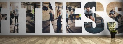 Fototapeta Kolaż zdjęć układających się w napis FITNESS