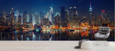 Fototapeta Panoramiczny, nocny widok na oświetlony Manhattan