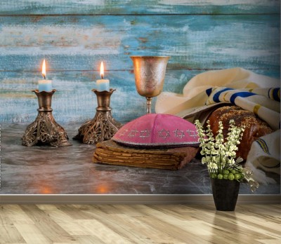 Fototapeta Chleb Szabatowy, wino szabatowe i świece na stole