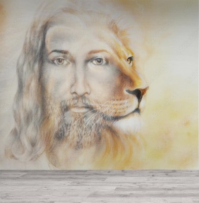 Fototapeta Ilustracja Jezusa z lwem na pięknym kolorowym tle
