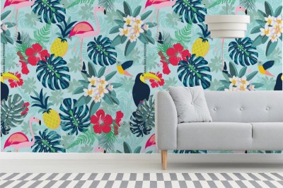 Tapeta w ozdobny wzór z liśćmi flaminga, ananasa, tukana i monstera