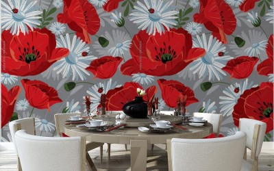 Fototapeta Excellent seamless pattern with with poppies and daisies
