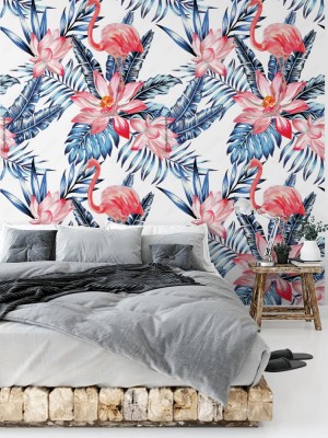 Tapeta Różowy flaming i niebieski wzór liści palmowych