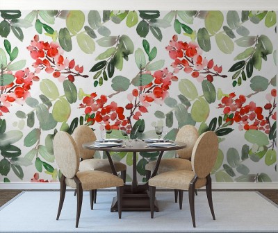 Fototapeta z jarzębiną czerwoną i zielonymi liśćmi