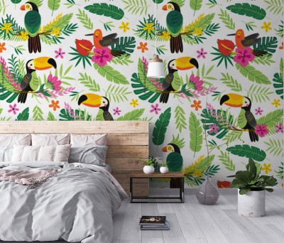 Tapeta z tropikalnymi ptakami i liśćmi