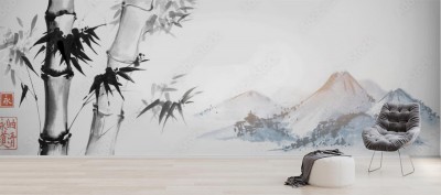 Fototapeta Bambusowe drzewa i dalekie błękitne góry na białym tle