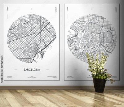 Fototapeta plan miejski plan ulic miasta Barcelona i Madryt
