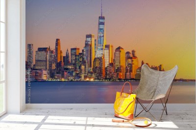 Fototapeta Wspaniały widok na Dolny Manhattan i dzielnicę finansową o zachodzie słońca w Nowym Jorku