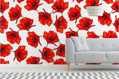 Fototapeta Seamless pattern with hand drawn wild red poppy flowers isolated on white background